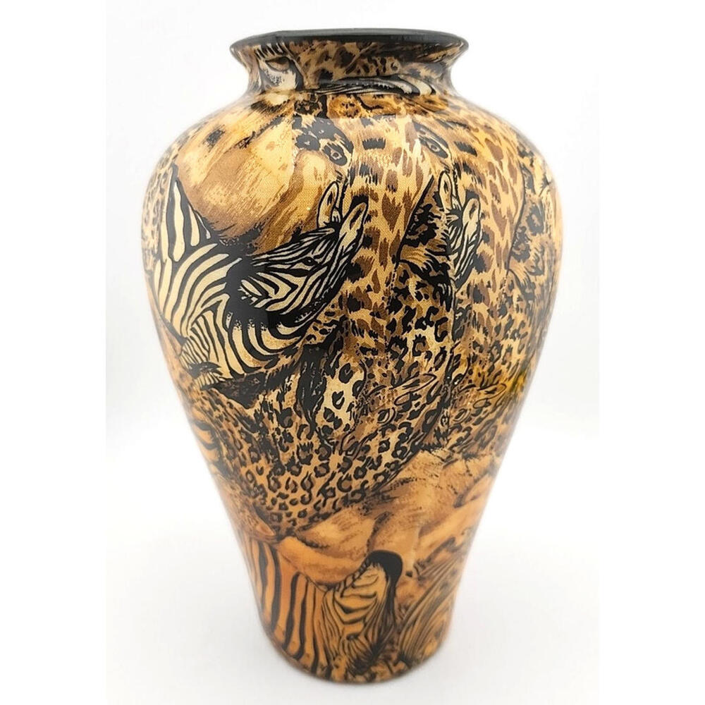 La Vie African Animal Safari 9” Large Vase Collage Lion Leopard Zebra & Giraffe